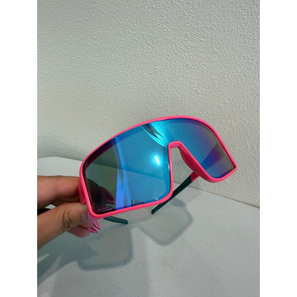Rawlings Neon Pink Shield Sunglasses Blue Mirror Lens Sporty Retro Eyewear